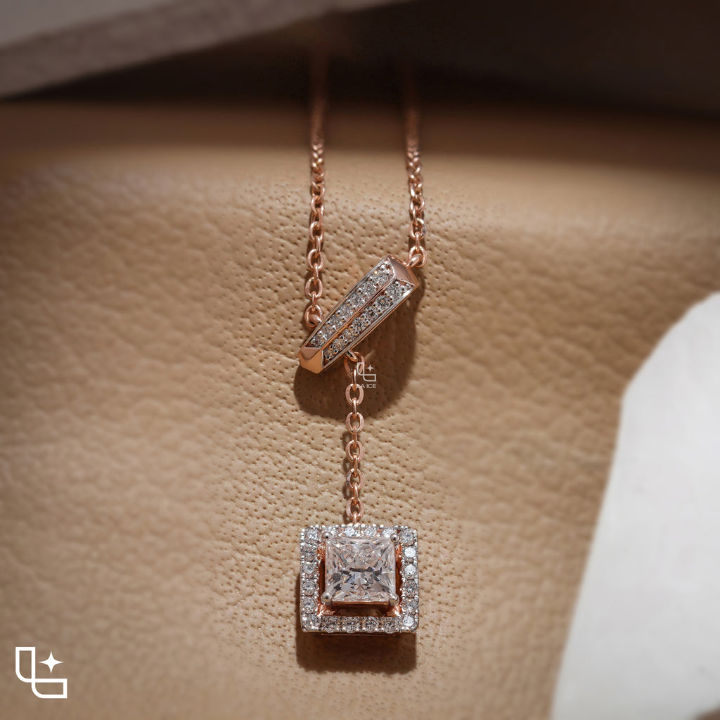 Emerald Cut Halo Drop Necklace with Diamond Sliding Bar Detail