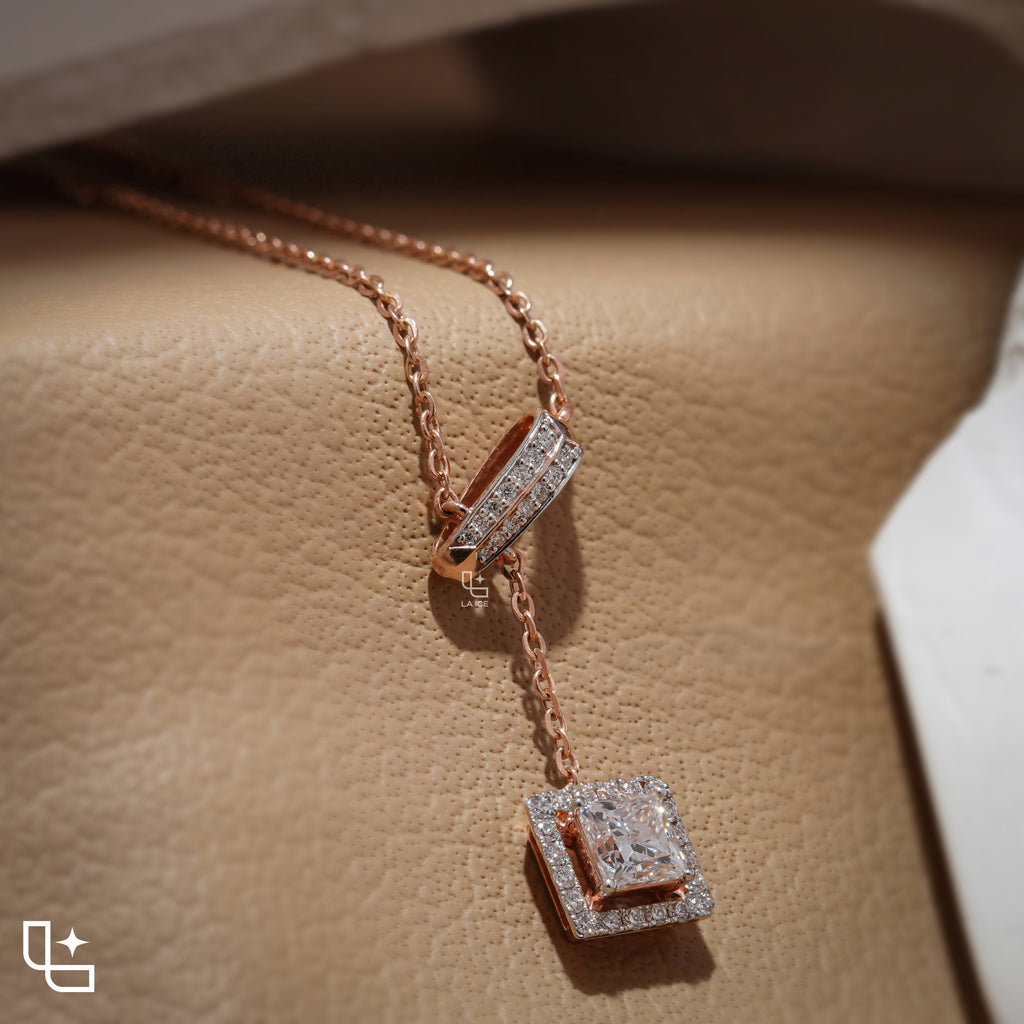 Emerald Cut Halo Drop Necklace with Diamond Sliding Bar Detail