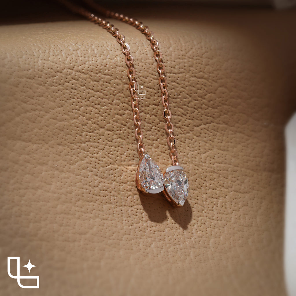 Pear Diamond Duo Pendant Necklace – Rose Gold Diamond Necklace | Modern Two-Stone Pear Diamond Pendant for Women