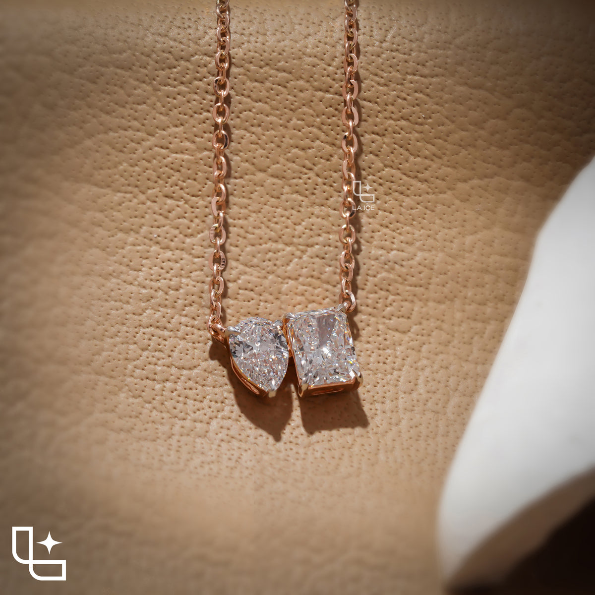 Pear & Radiant Diamond Pendant Necklace – Rose Gold Diamond Necklace | Modern Two-Stone Diamond Pendant for Women