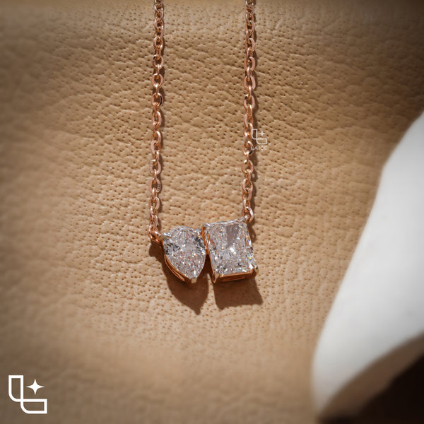 Pear & Radiant Diamond Pendant Necklace – Rose Gold Diamond Necklace | Modern Two-Stone Diamond Pendant for Women