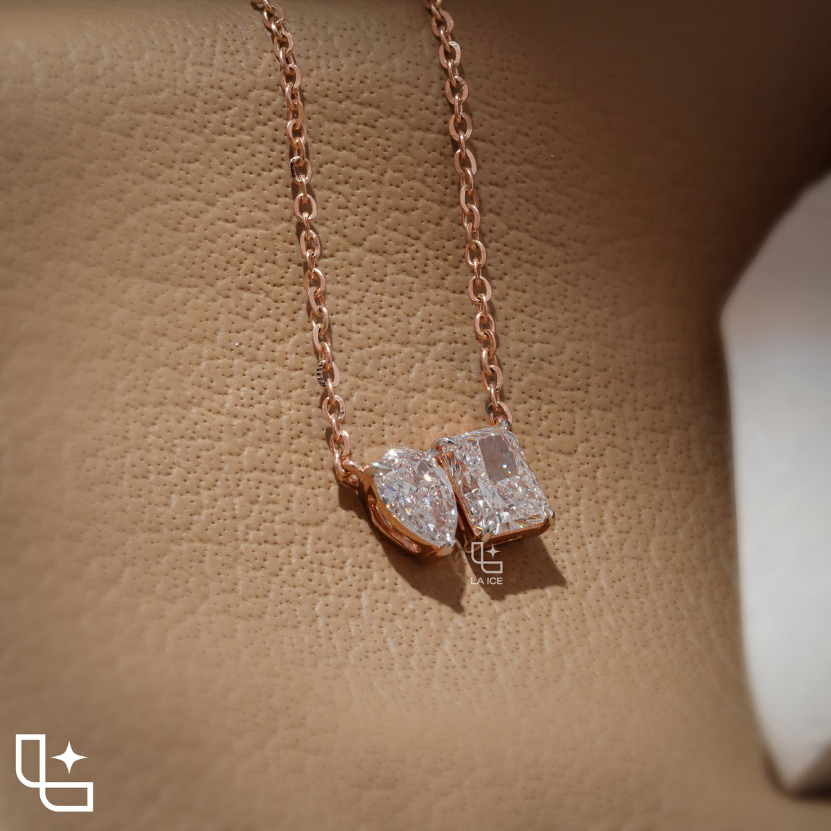 Pear & Radiant Diamond Pendant Necklace – Rose Gold Diamond Necklace | Modern Two-Stone Diamond Pendant for Women
