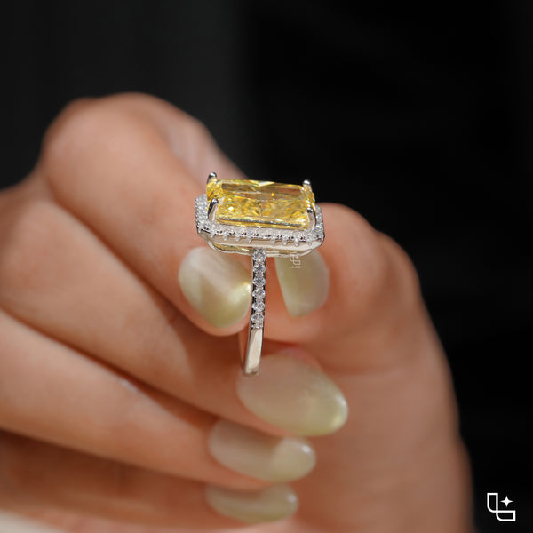 Yellow Radiant Cut Halo Ring with Pavé Band