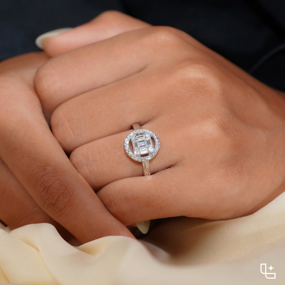 Baguette Cut Cluster Halo Ring with Round Accent Stones