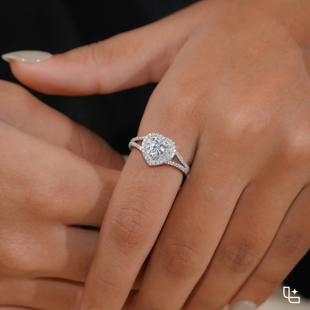 Heart Cut Halo Ring with Double Halo and Split Pavé Band – 2.00 CT Total Diamond Weight