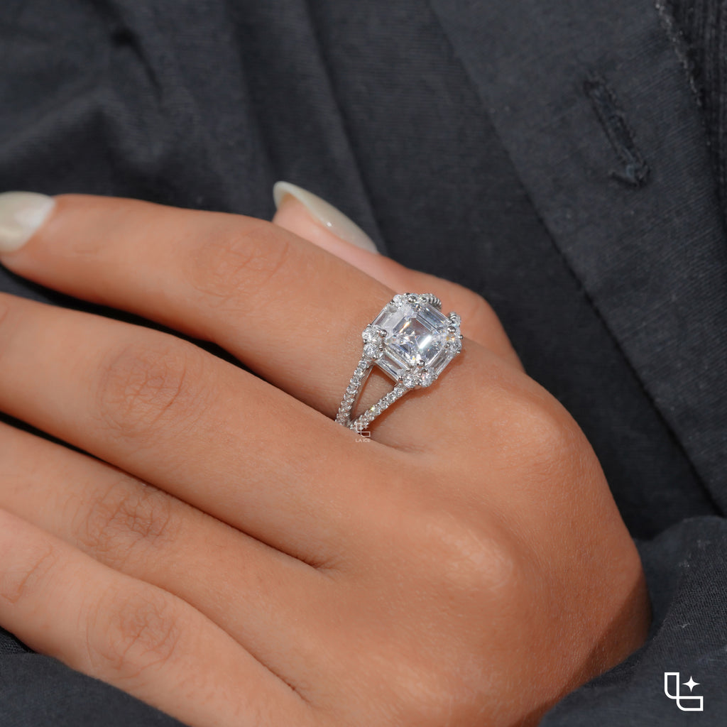Asscher Cut Halo Engagement Ring with Split Pavé Band – 2.75 CT Total Diamond Weight