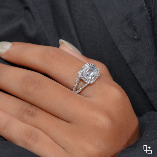 Asscher Cut Halo Engagement Ring with Split Pavé Band – 2.75 CT Total Diamond Weight