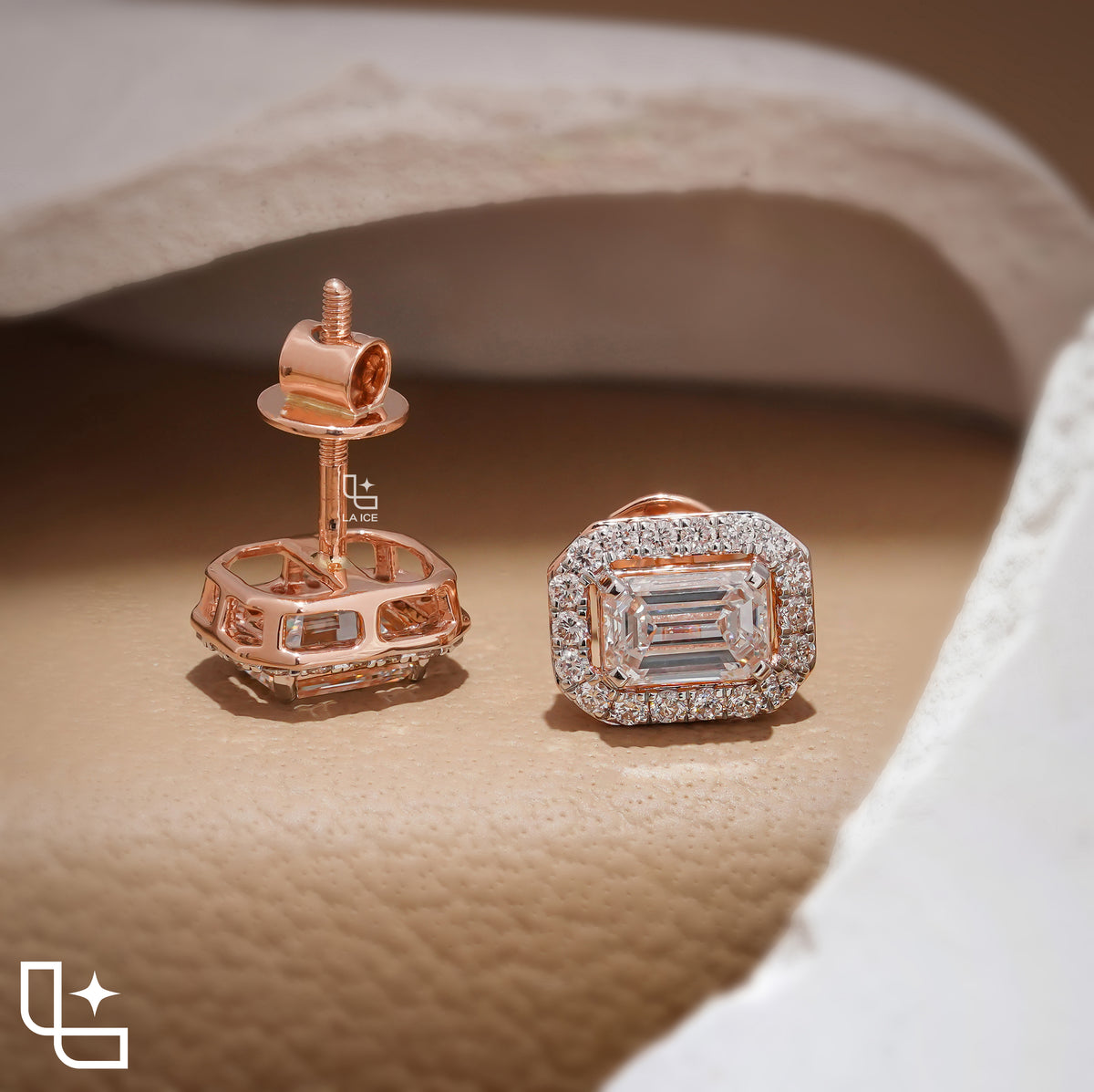 Emerald Cut Halo Stud Earrings with Rounded Rectangle Accent Border, 2.00 CT Total Diamond Weight