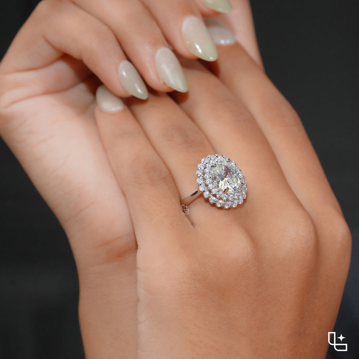 Oval Center Double Halo Cluster Engagement Ring with Multi-Row Diamond Detailing