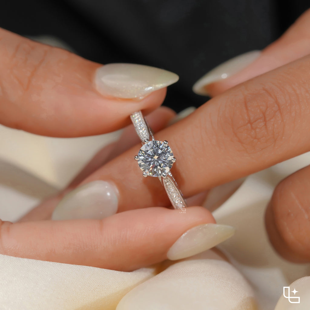 Round Cut Pavé Engagement Ring with Sparkling Band