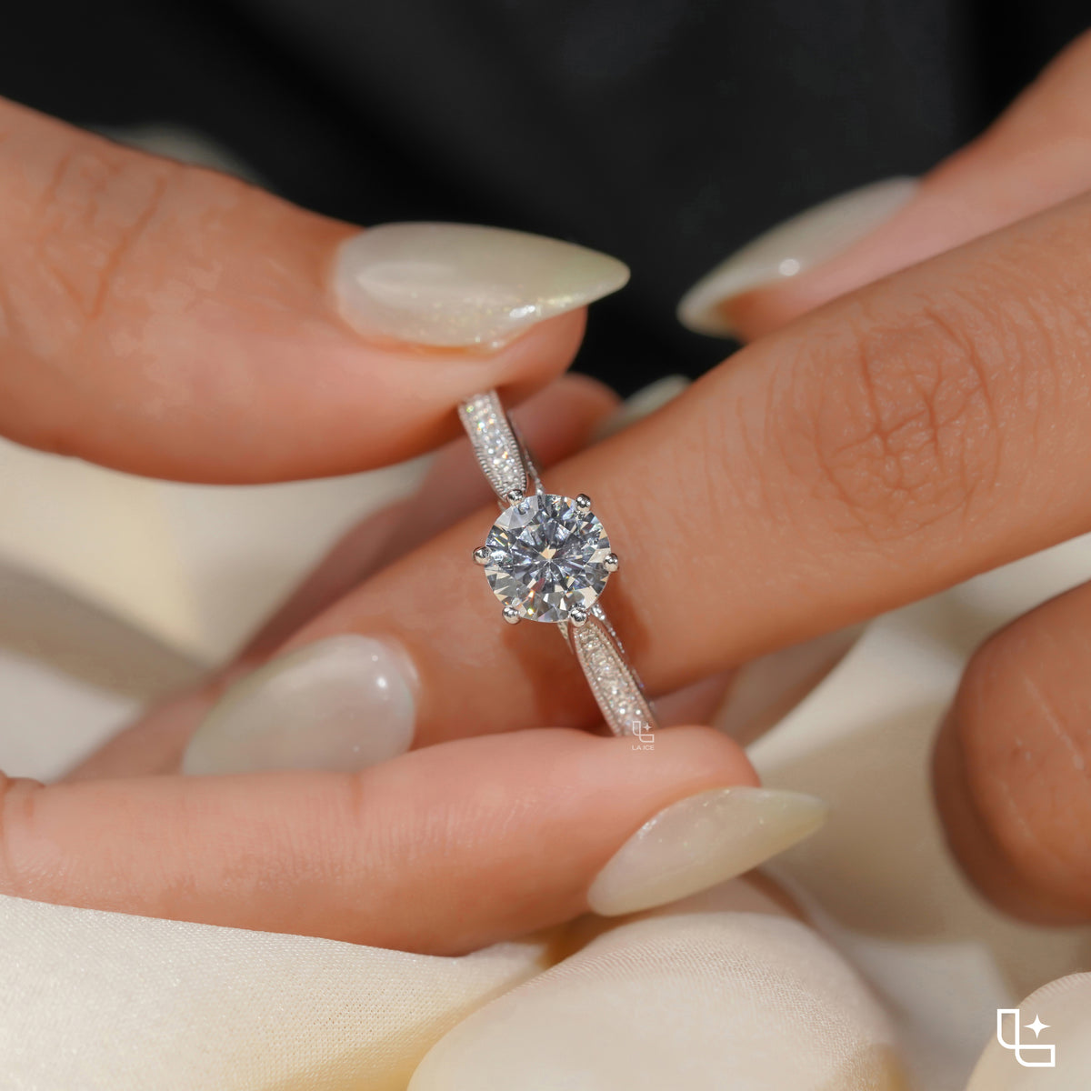 Round Cut Pavé Engagement Ring with Sparkling Band