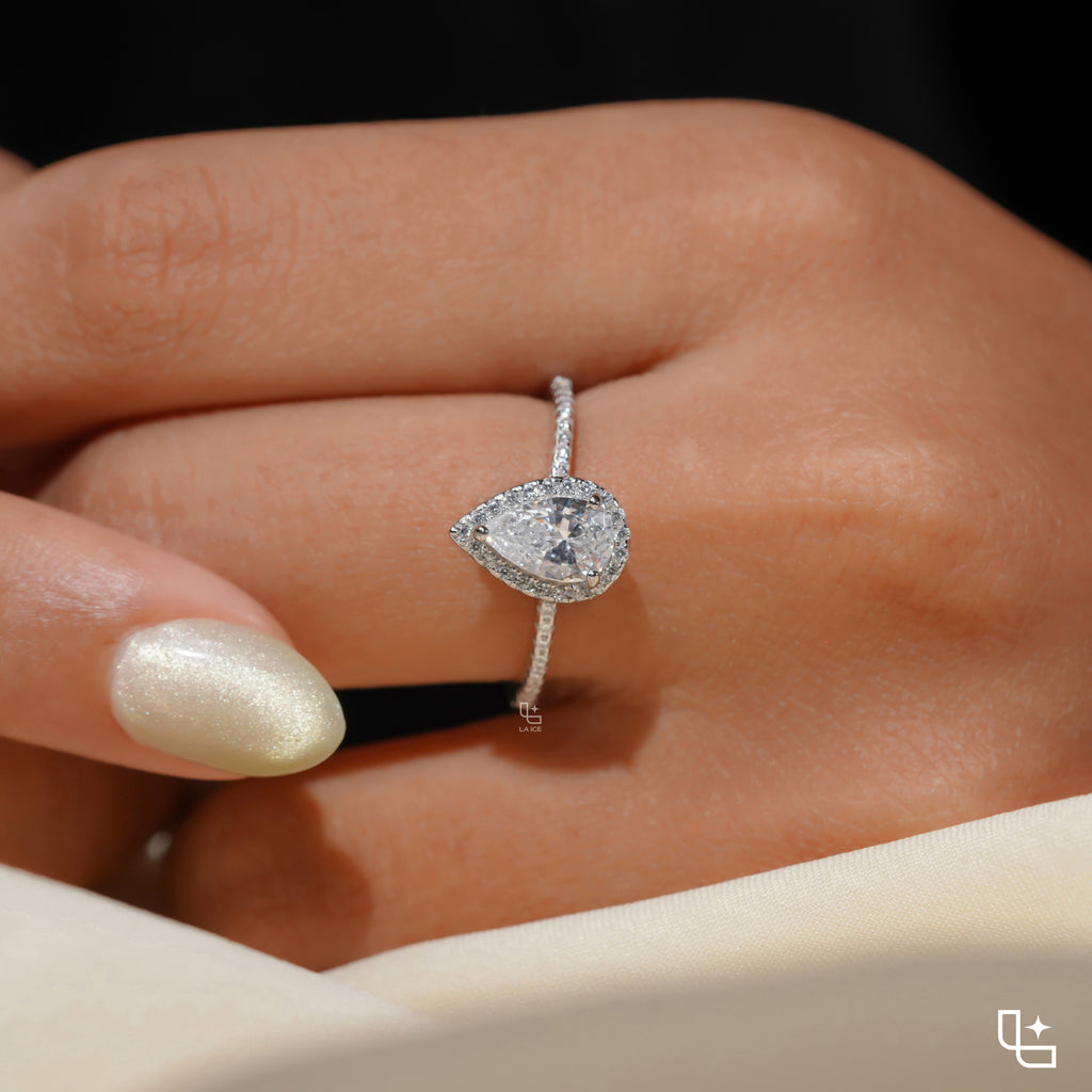 Pear Diamond Halo Engagement Ring – Teardrop Diamond Ring in White Gold | Classic Solitaire Halo Ring for Women