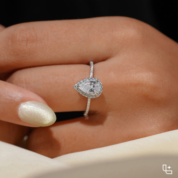 Pear Diamond Halo Engagement Ring – Teardrop Diamond Ring in White Gold | Classic Solitaire Halo Ring for Women
