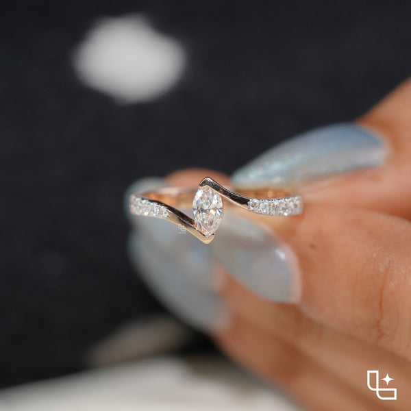 Marquise Diamond Solitaire Ring – Twisted Diamond Engagement Ring in Rose Gold | Modern Bypass Diamond Ring for Women