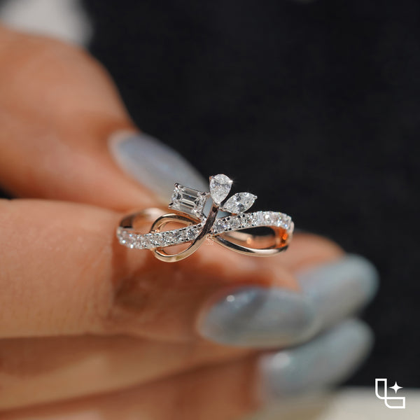 Three Stone Bypass Ring with Emerald Cut Center, Marquise and Pear-Shaped Accents, Pavé Crossover Band, 0.50 CT Center and 0.80 CT Side Diamonds