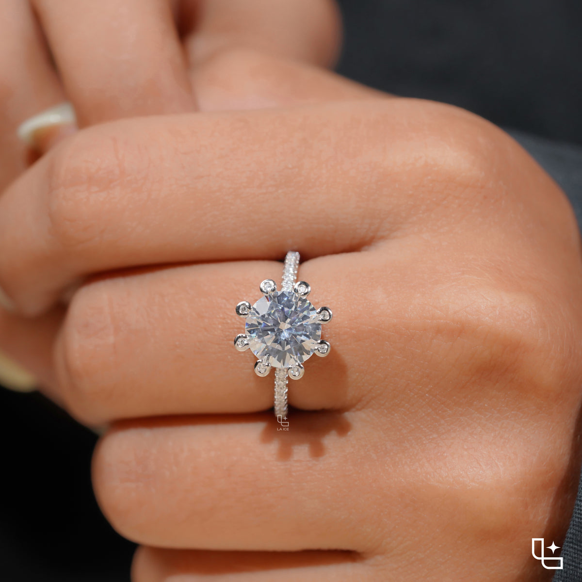Round Halo Diamond Engagement Ring with Pavé Band