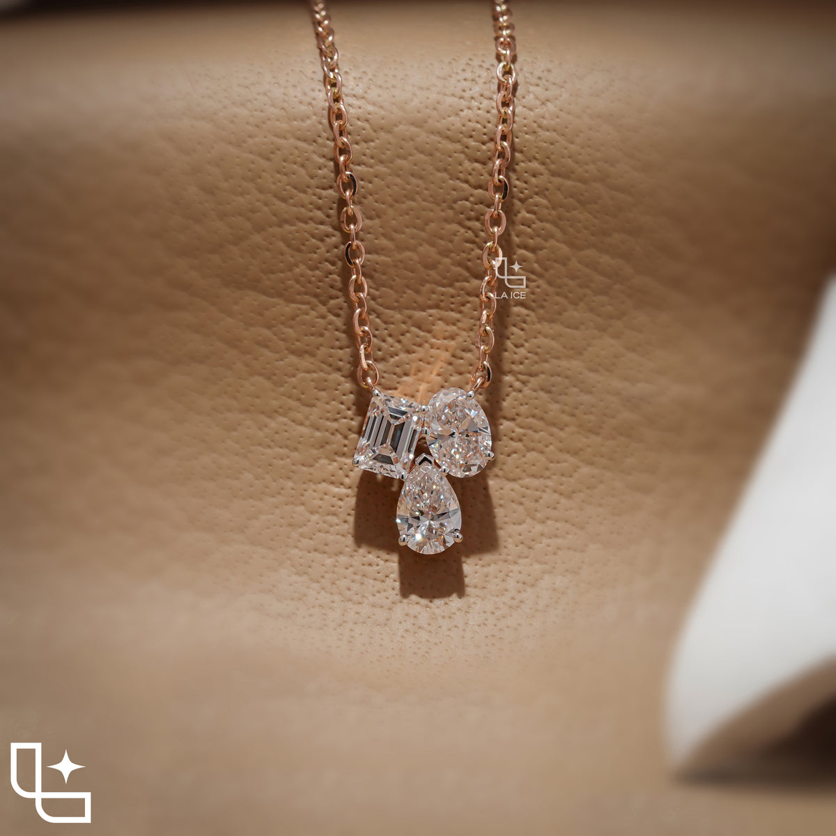 Multi Shape Diamond Cluster Pendant Necklace – Rose Gold Diamond Necklace | Emerald, Oval & Pear Diamond Pendant for Women Main image