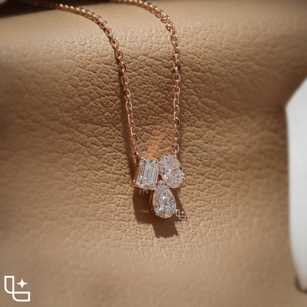 Multi Shape Diamond Cluster Pendant Necklace – Rose Gold Diamond Necklace | Emerald, Oval & Pear Diamond Pendant for Women