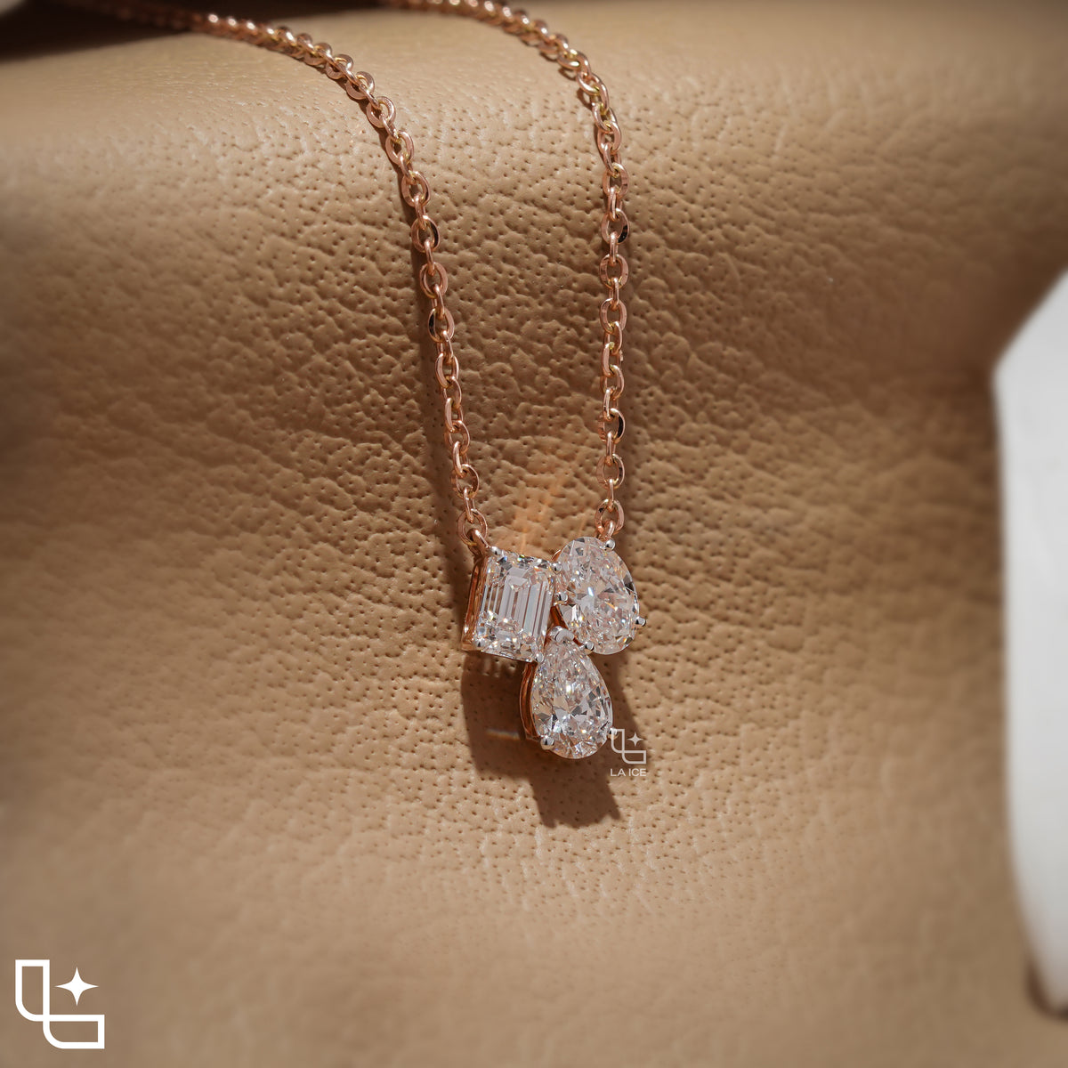 Multi Shape Diamond Cluster Pendant Necklace – Rose Gold Diamond Necklace | Emerald, Oval & Pear Diamond Pendant for Women