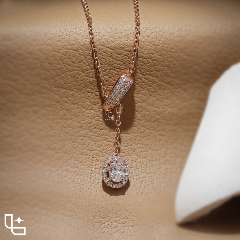 Round Halo Drop Diamond Necklace – Rose Gold Diamond Necklace | Elegant Halo Diamond Pendant for Women