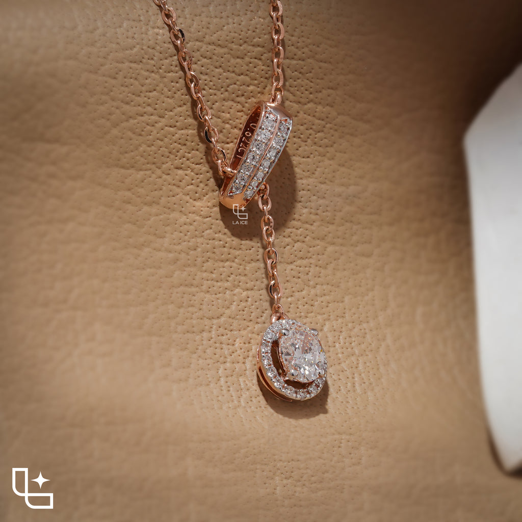 Round Halo Drop Diamond Necklace – Rose Gold Diamond Necklace | Elegant Halo Diamond Pendant for Women