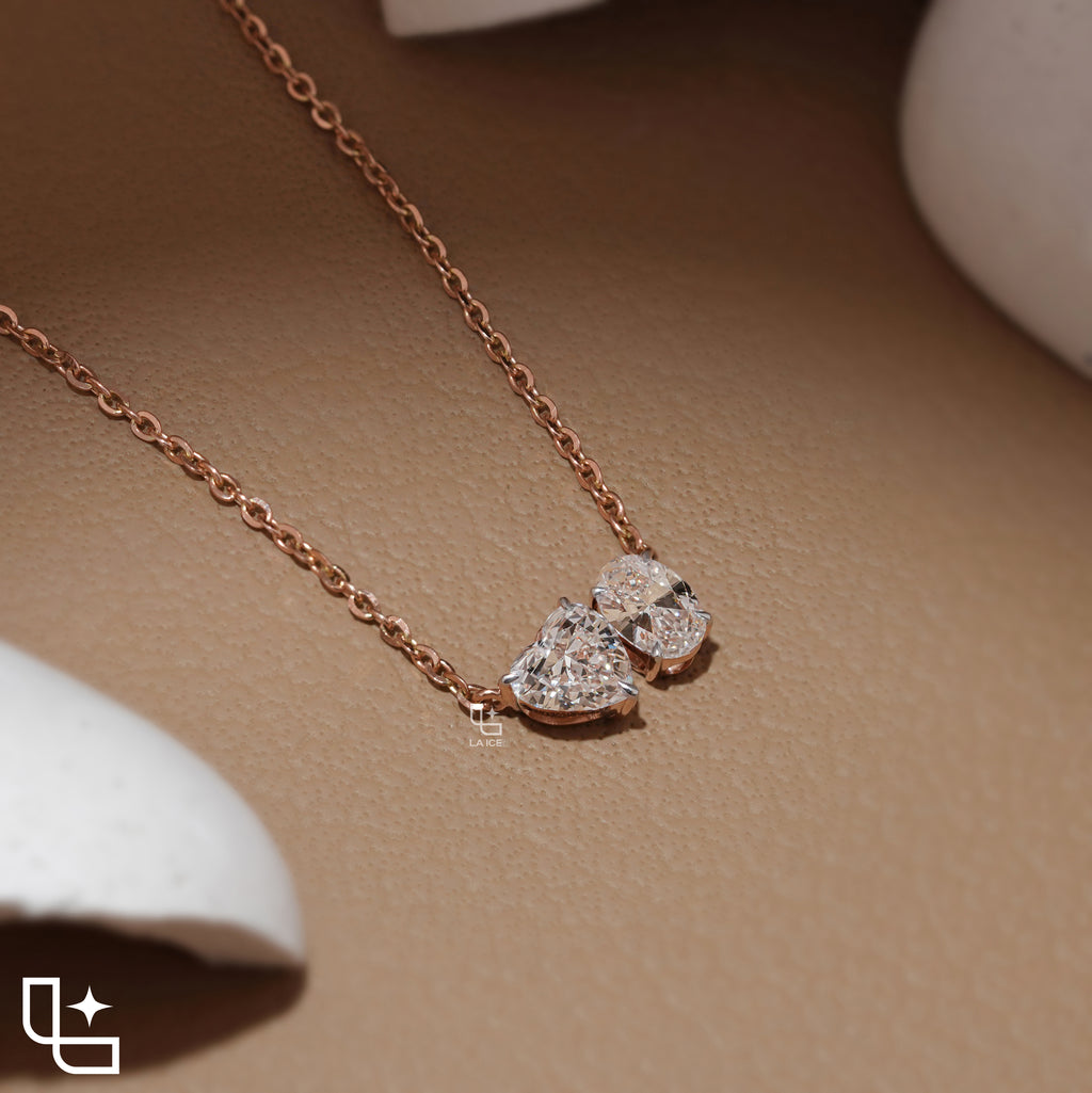 Heart & Oval Diamond Pendant Necklace – Rose Gold Diamond Necklace | Romantic Two-Stone Diamond Pendant for Women