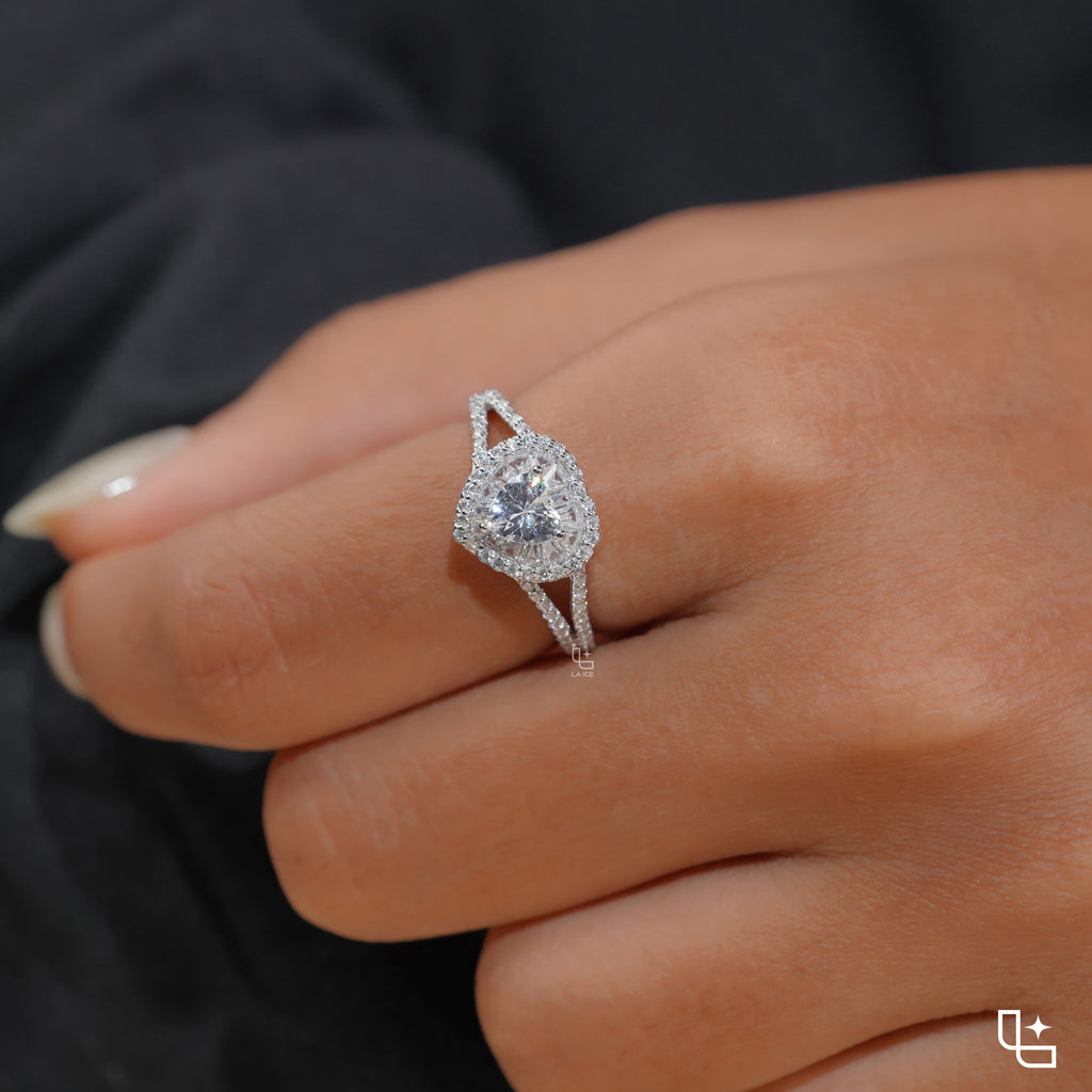 Heart Cut Halo Ring with Double Halo and Split Pavé Band – 2.00 CT Total Diamond Weight