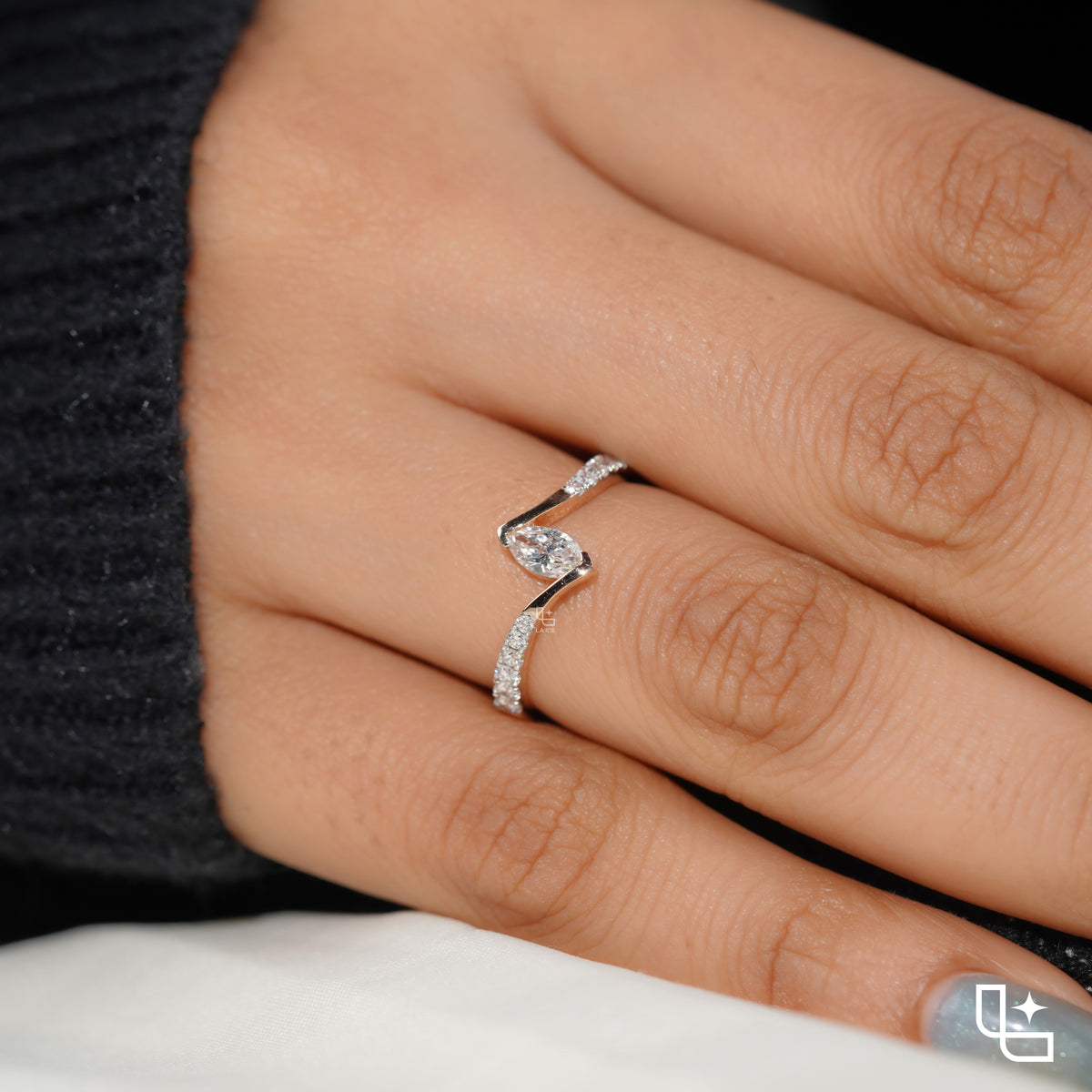 Marquise Diamond Solitaire Ring – Twisted Diamond Engagement Ring in Rose Gold | Modern Bypass Diamond Ring for Women