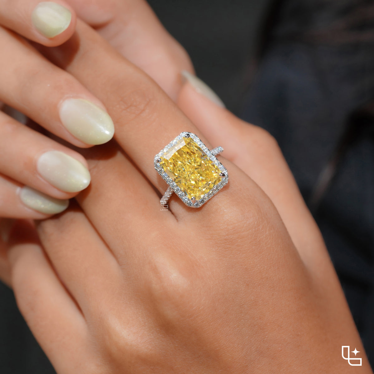 Yellow Radiant Cut Halo Ring with Pavé Band
