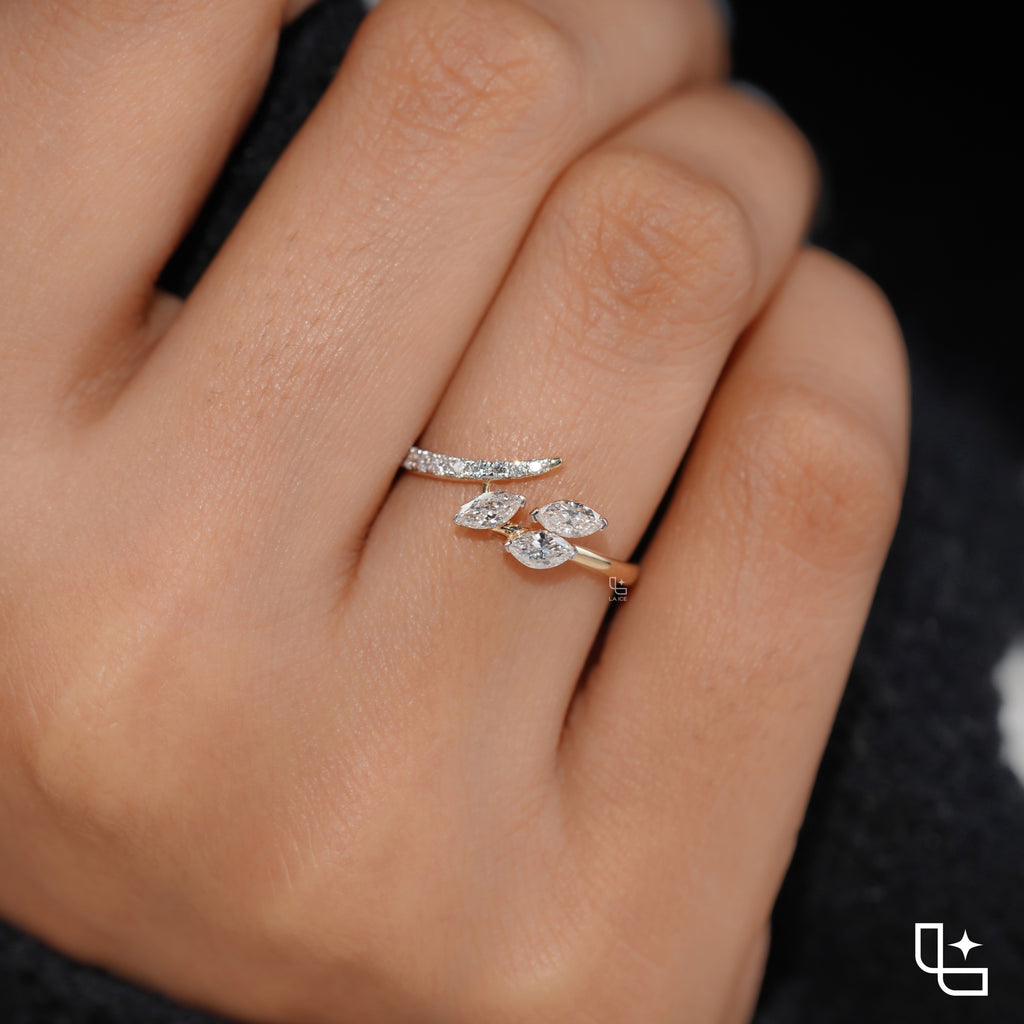 Three Marquise Stone Bypass Ring – 0.60 CT Center, 0.80 CT Side