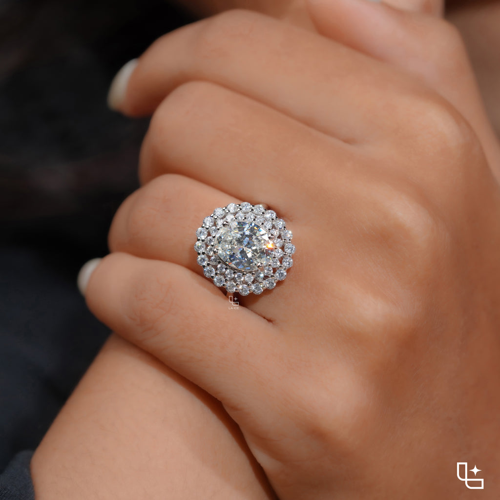 Oval Center Double Halo Cluster Engagement Ring with Multi-Row Diamond Detailing