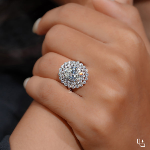 Oval Center Double Halo Cluster Engagement Ring with Multi-Row Diamond Detailing