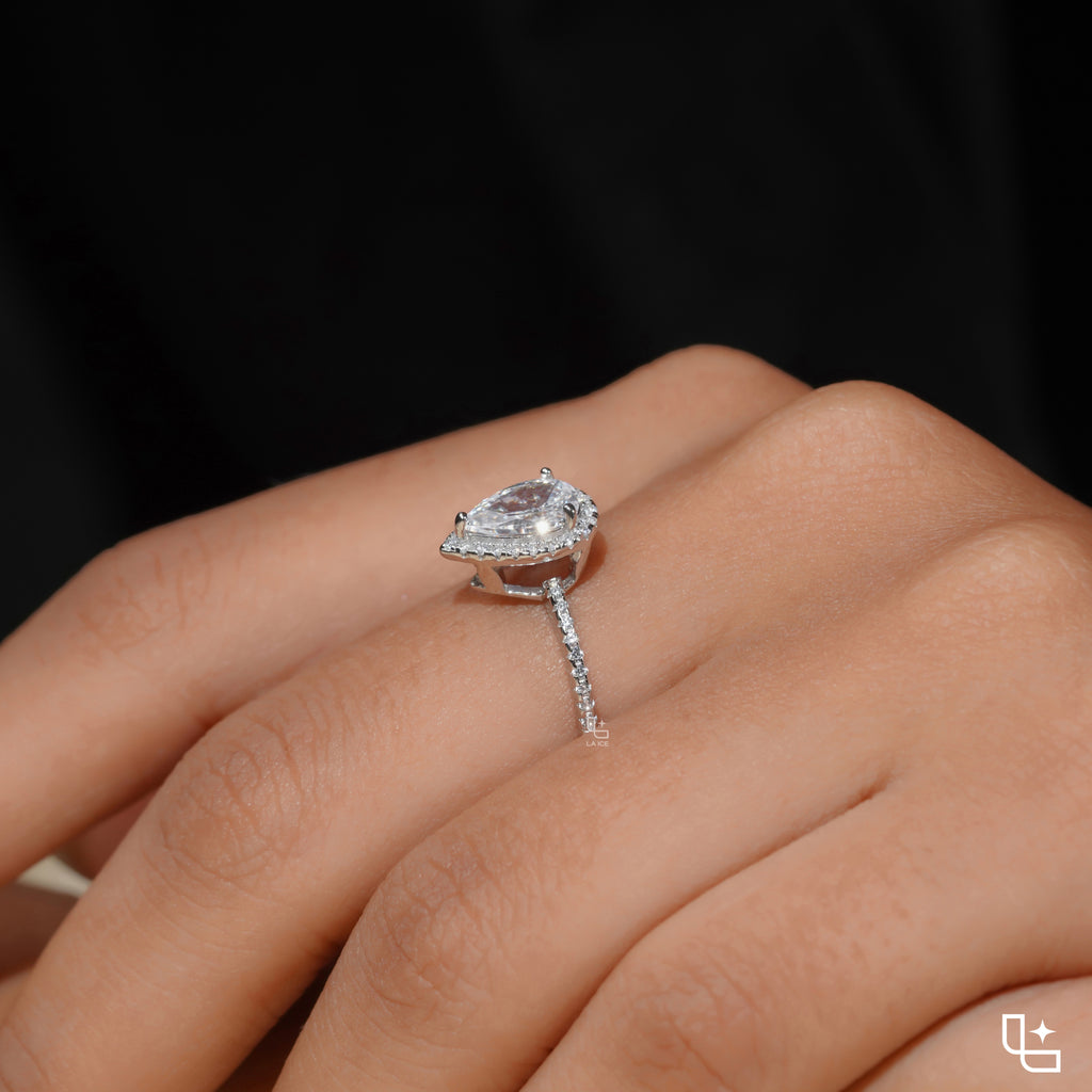 Pear Diamond Halo Engagement Ring – Teardrop Diamond Ring in White Gold | Classic Solitaire Halo Ring for Women