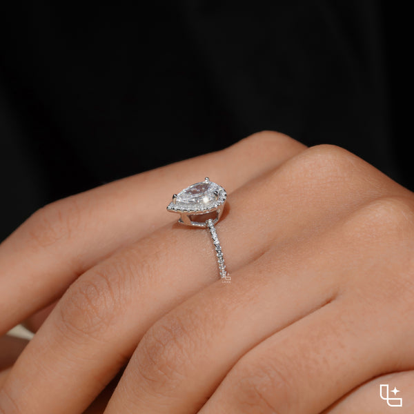 Pear Diamond Halo Engagement Ring – Teardrop Diamond Ring in White Gold | Classic Solitaire Halo Ring for Women
