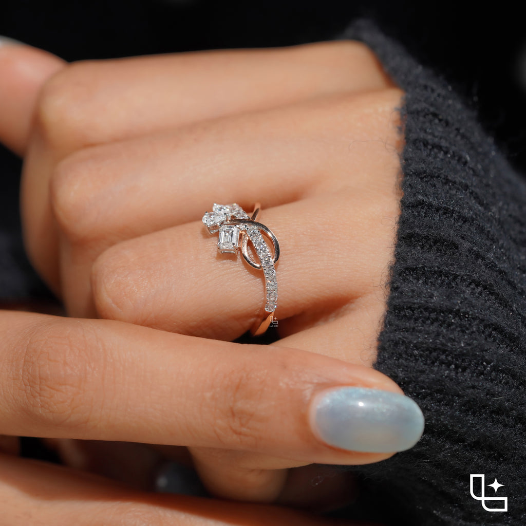 Three Stone Bypass Ring with Emerald Cut Center, Marquise and Pear-Shaped Accents, Pavé Crossover Band, 0.50 CT Center and 0.80 CT Side Diamonds