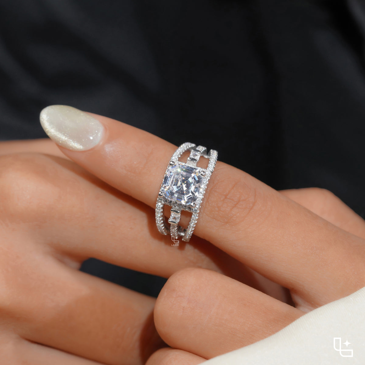 Asscher Cut Halo Engagement Ring with Split Pavé Band