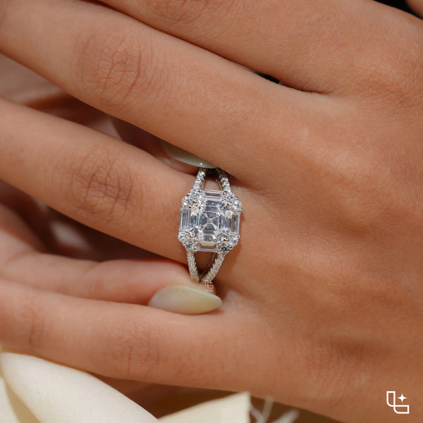 Asscher Cut Halo Engagement Ring with Split Pavé Band – 2.75 CT Total Diamond Weight