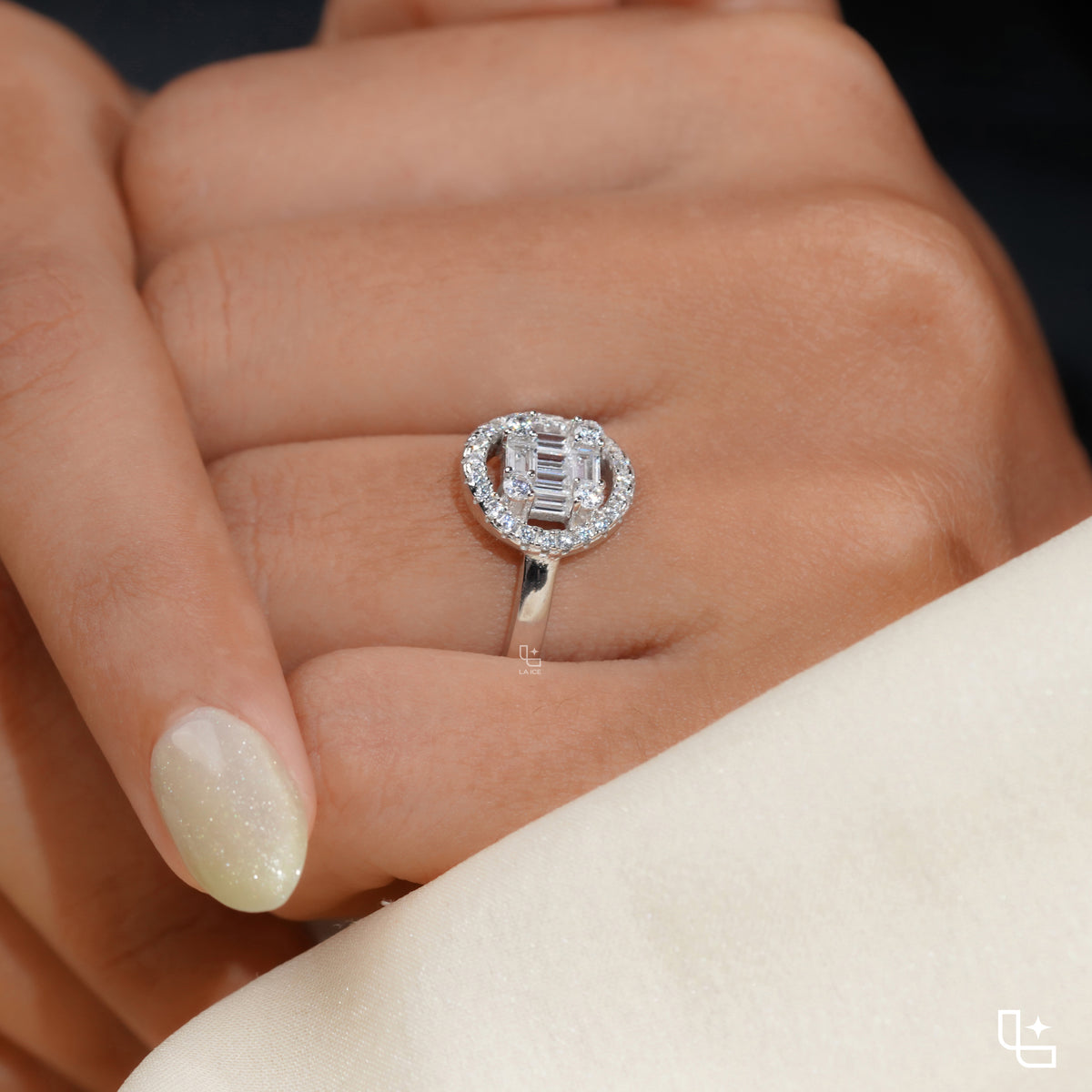 Baguette Cut Cluster Halo Ring with Round Accent Stones