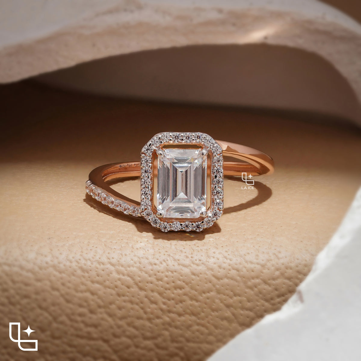 Emerald Cut Halo Engagement Ring with Pavé Accent Band Main image