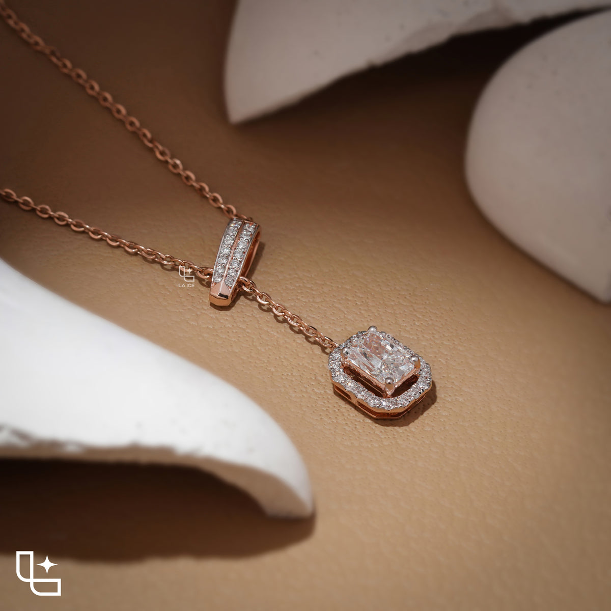 Y Necklace with Rectangular Halo Pendant and Diamond Accents