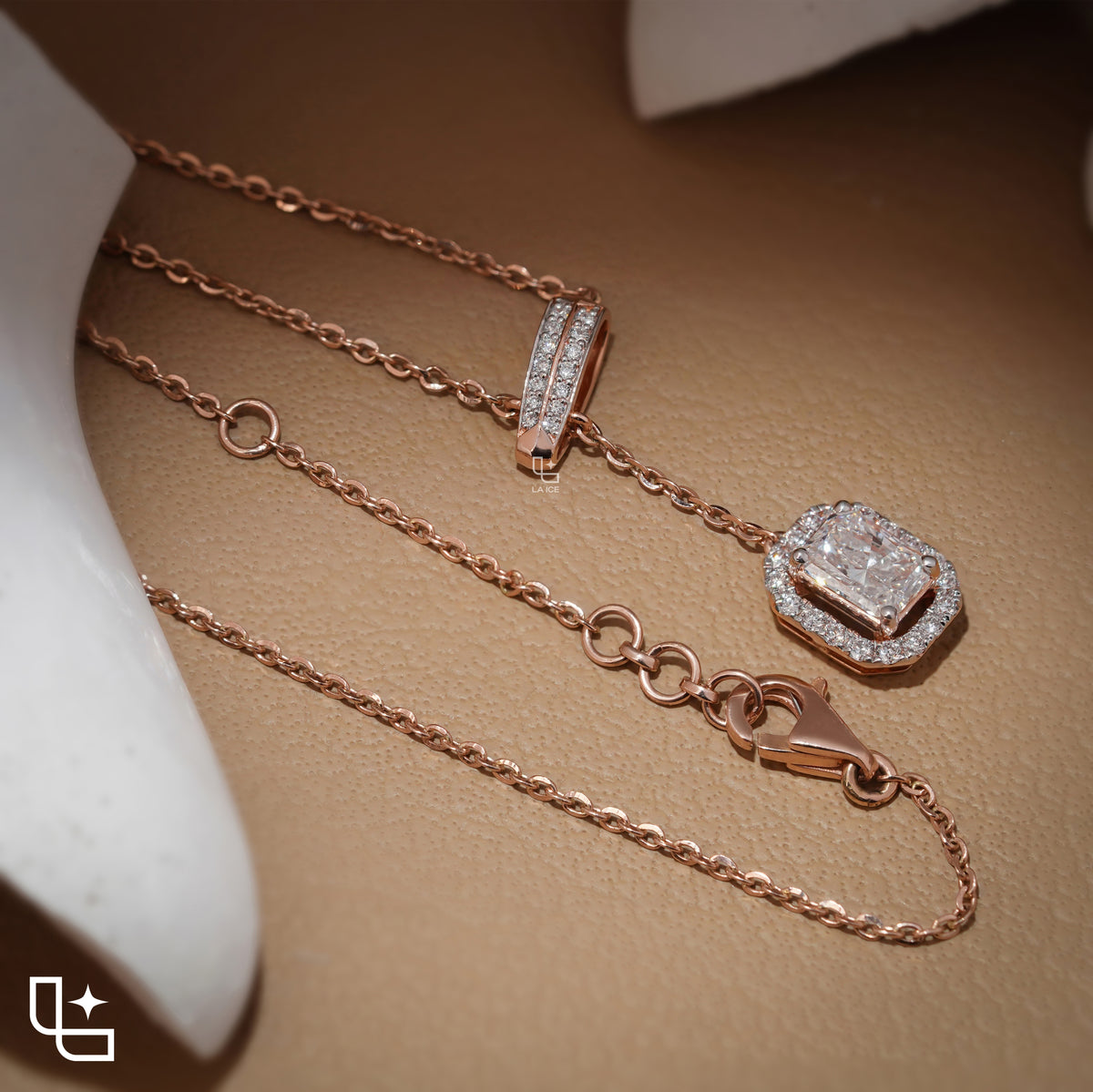 Y Necklace with Rectangular Halo Pendant and Diamond Accents