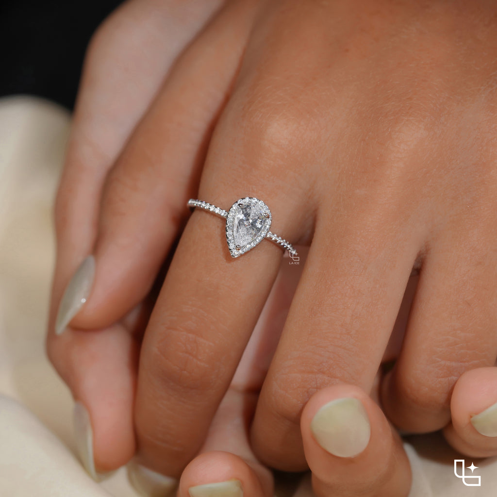 Pear Diamond Halo Engagement Ring – Teardrop Diamond Ring in White Gold | Classic Solitaire Halo Ring for Women