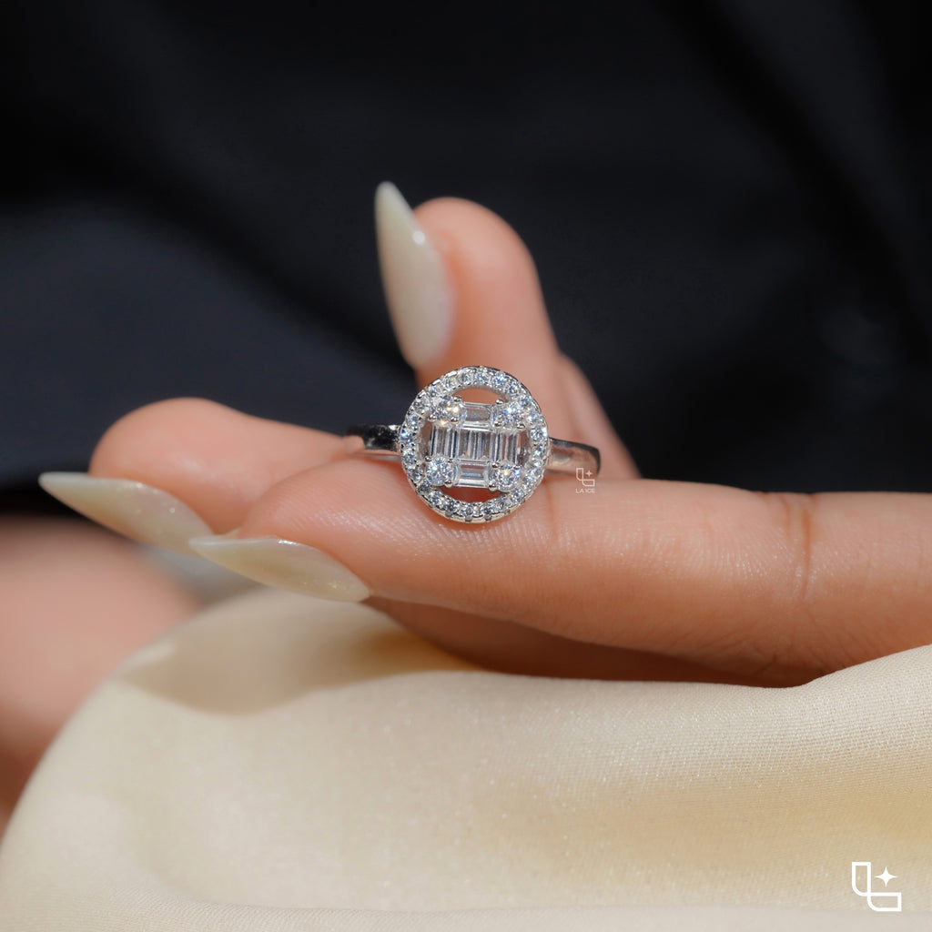 Baguette Cut Cluster Halo Ring with Round Accent Stones