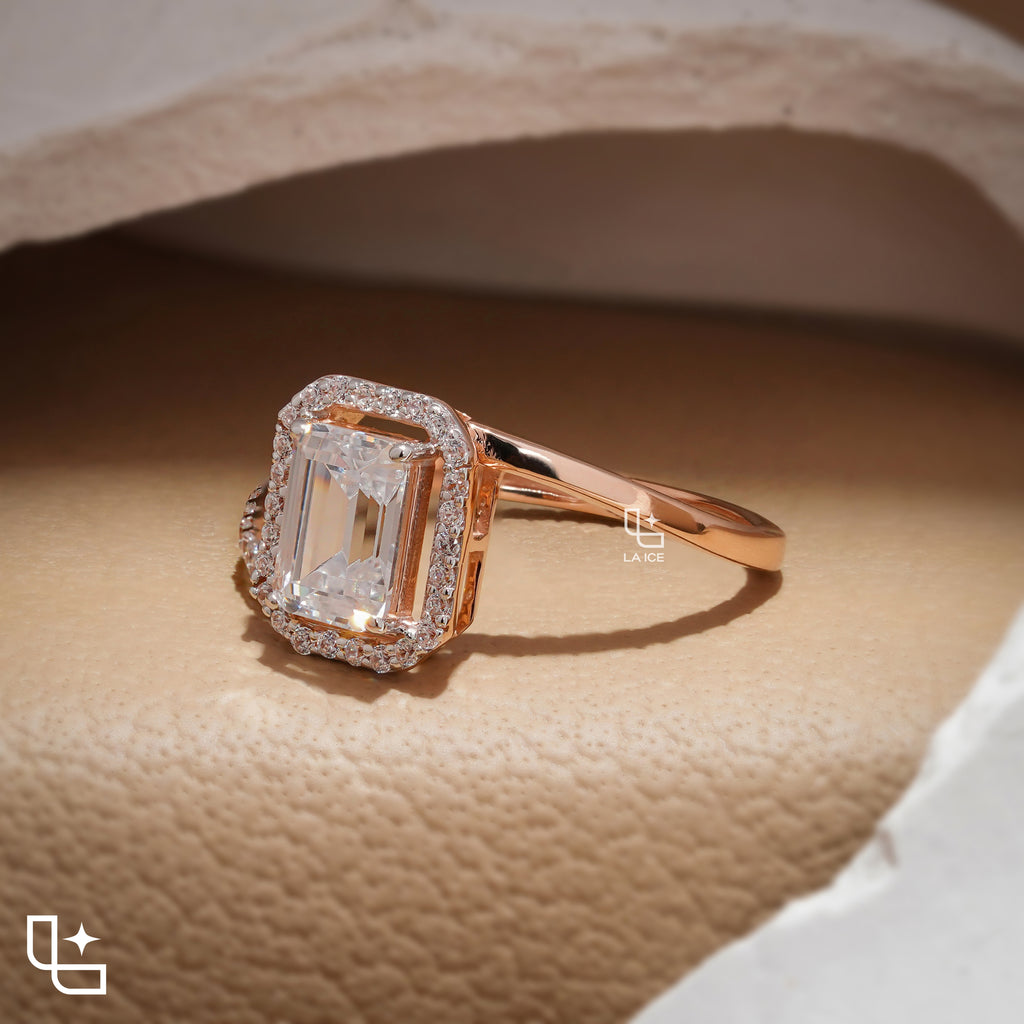 Emerald Cut Halo Engagement Ring with Pavé Accent Band