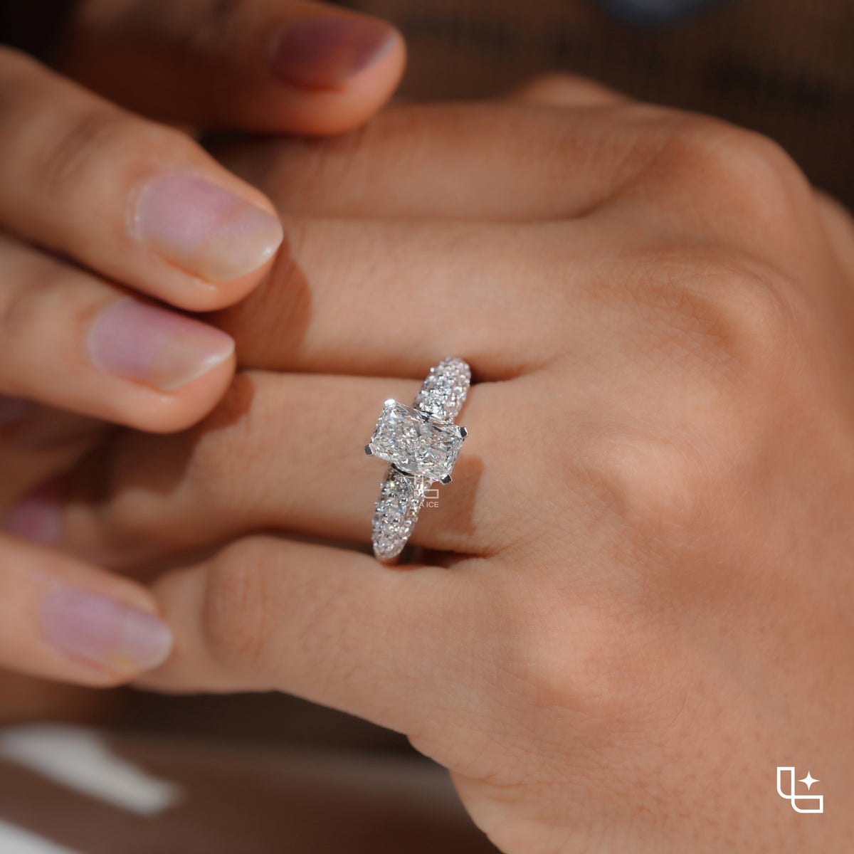 Radiant Cut Engagement Ring with Sparkling Pavé Band