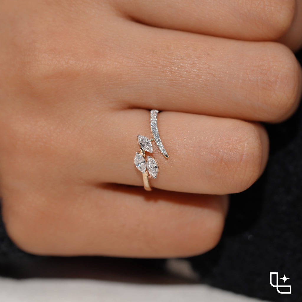 Three Marquise Stone Bypass Ring – 0.60 CT Center, 0.80 CT Side