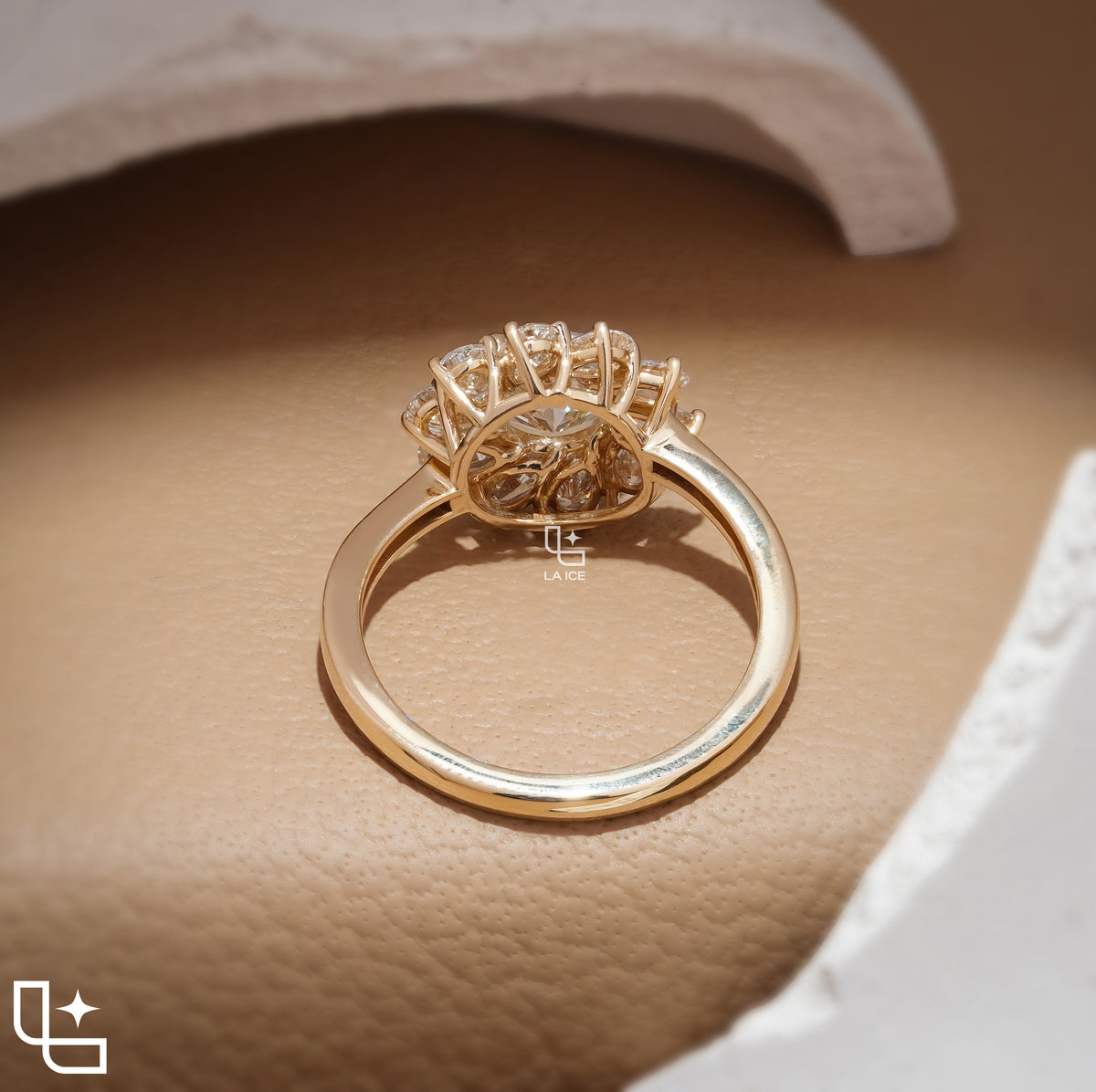 Round Center Floral Halo Engagement Ring with Cluster Side Stones