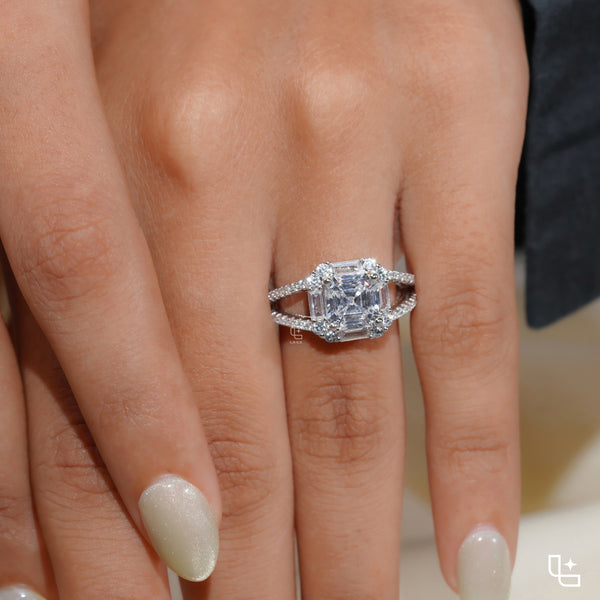 Asscher Cut Halo Engagement Ring with Split Pavé Band – 2.75 CT Total Diamond Weight