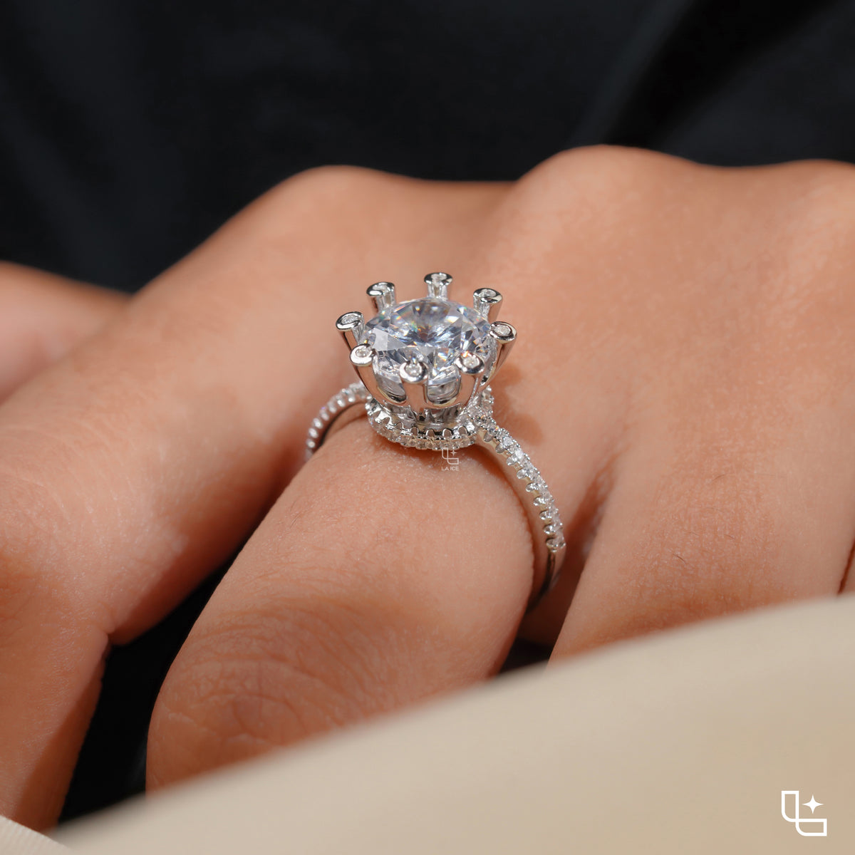 Round Halo Diamond Engagement Ring with Pavé Band