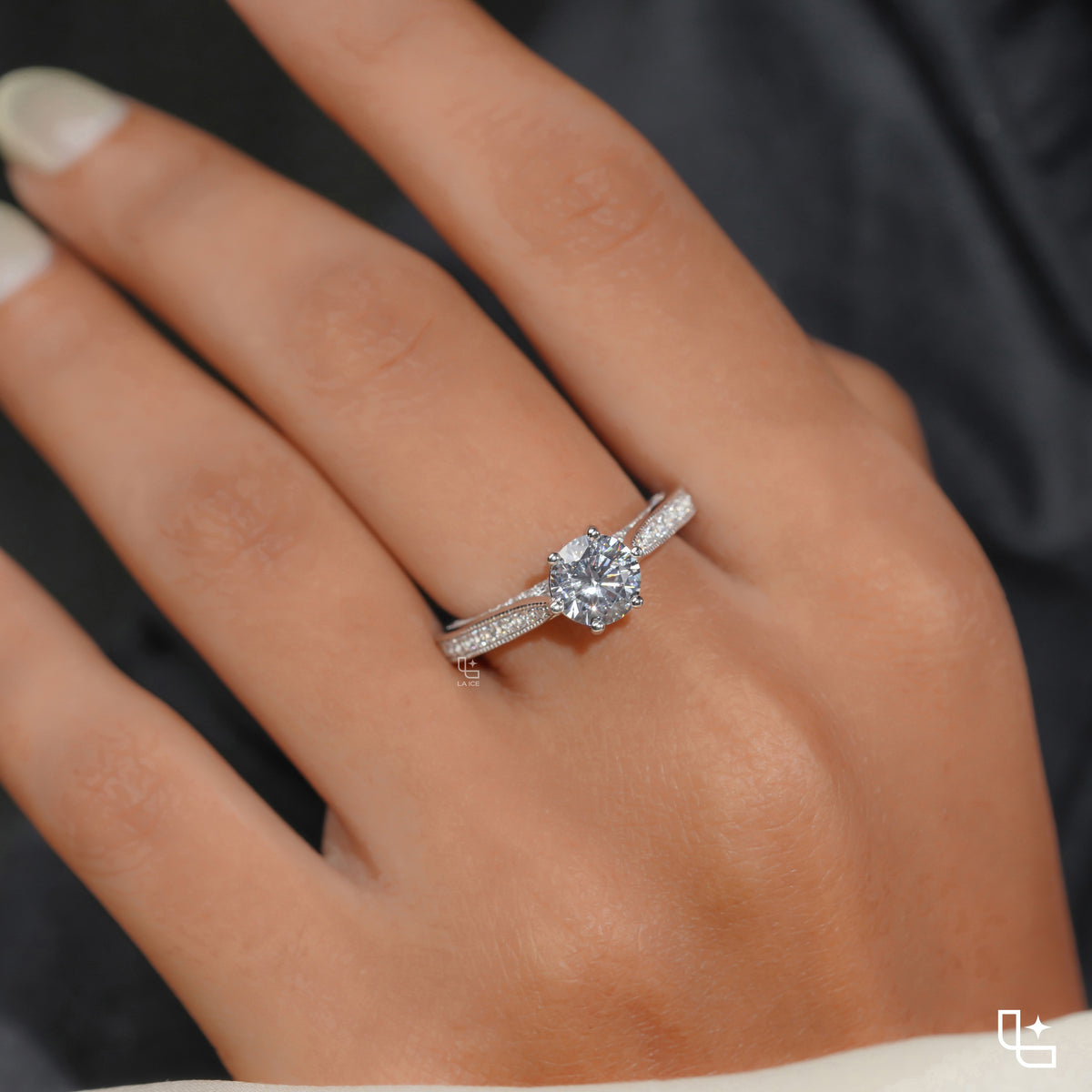 Round Cut Pavé Engagement Ring with Sparkling Band